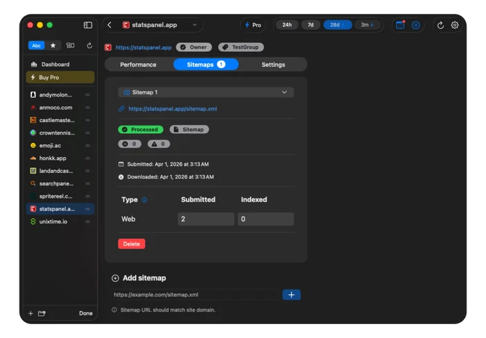 Search Panel sitemap management on Mac