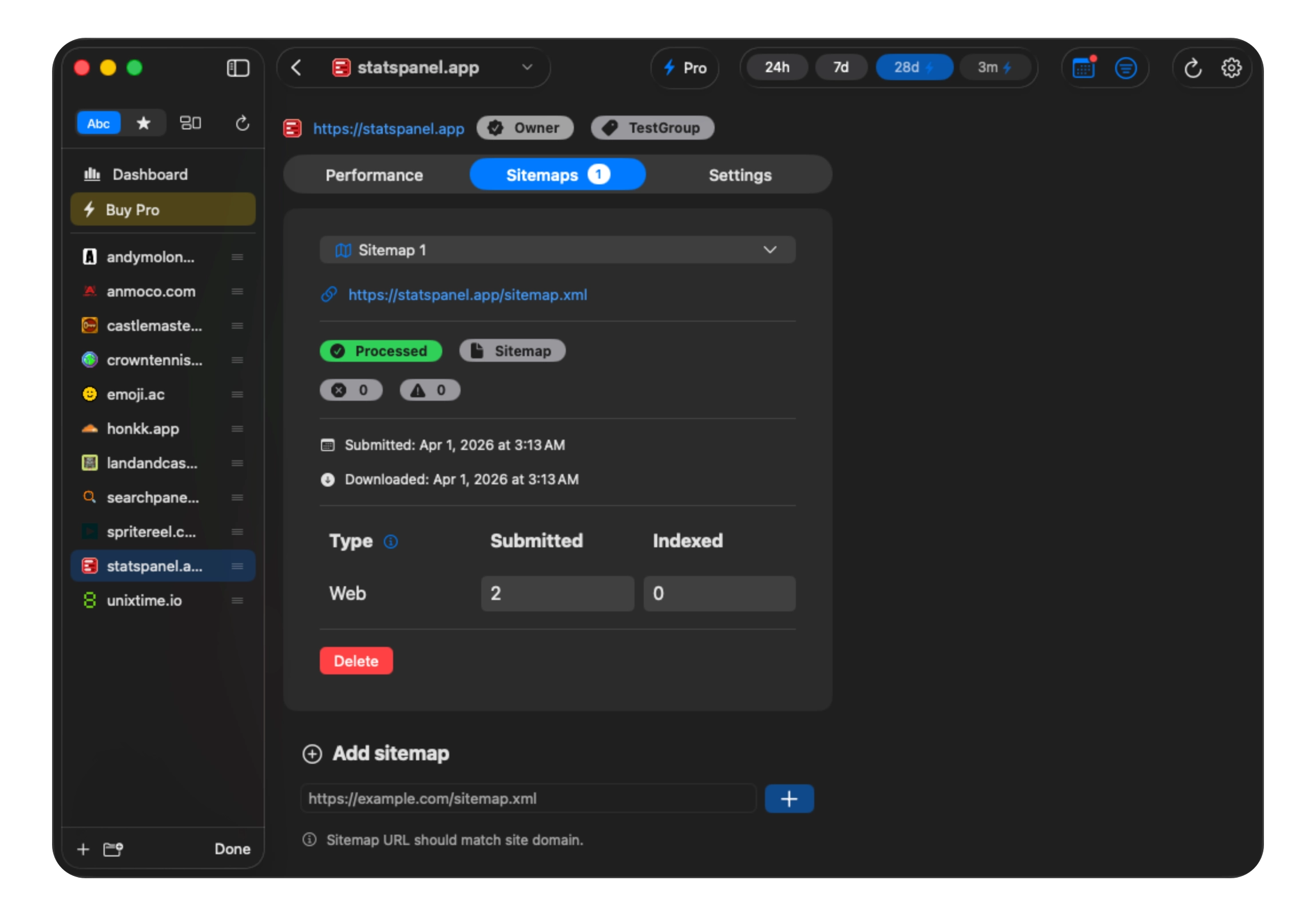 Search Panel sitemap management on Mac